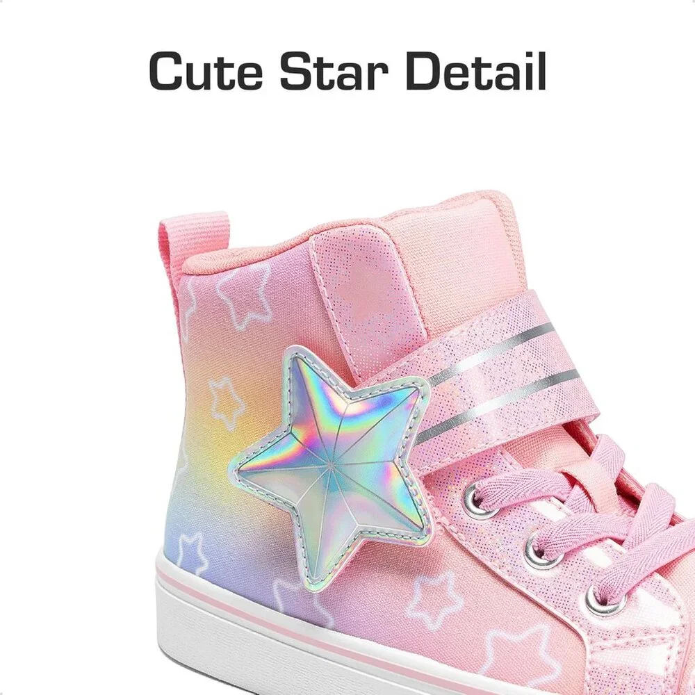 Kid's Girls Sneaker Hook Loop Sparkly Shiny Star Comfortable Casual Pink Shoes - Picture 2 of 6